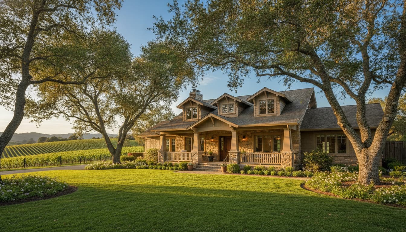 A craftsman family home in Sonoma County wine country at golden hour